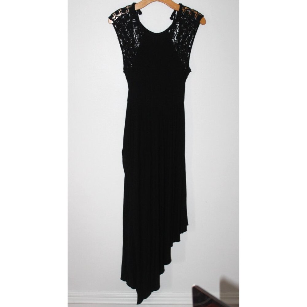 Free People Black Asymmetrical Crochet Lace Shoulders Sleeveless Dress S